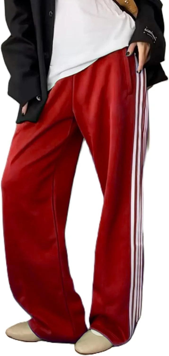 UAURORAO Women Y2k Track Pants Baggy Striped Joggers Sweatpants Elastic Waist Color Block Parachute Pants with Pockets