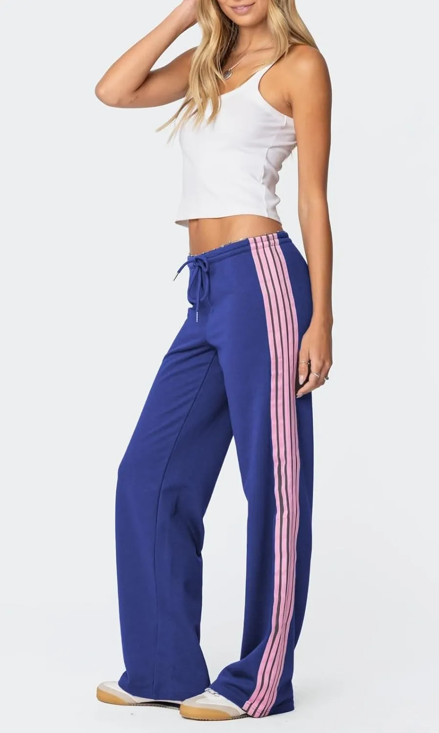 UAURORAO Women Y2k Track Pants Baggy Striped Joggers Sweatpants Elastic Waist Color Block Parachute Pants with Pockets