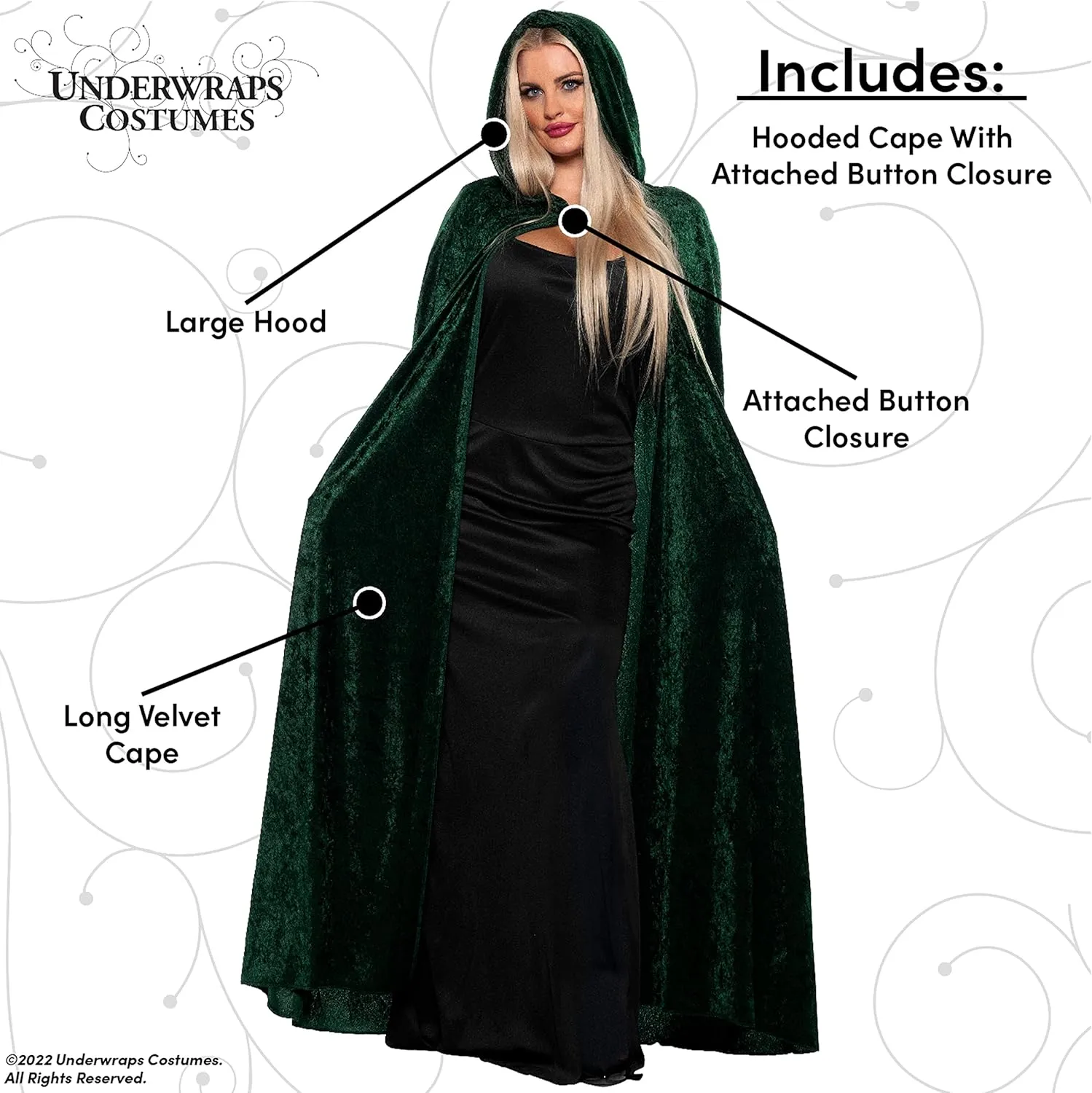 UNDERWRAPS Witch Cloak Green - Hooded Cape Adult Halloween Costume for Women