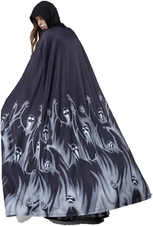 Unisex Thin Black Ghost Halloween Cape Long Cool Dealth Cosplay Cape Cloak With Cap Halloween Party Vampire Costume for Men Women