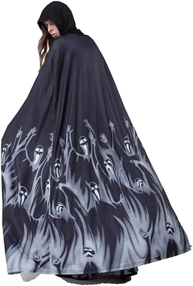 Unisex Thin Black Ghost Halloween Cape Long Cool Dealth Cosplay Cape Cloak With Cap Halloween Party Vampire Costume for Men Women