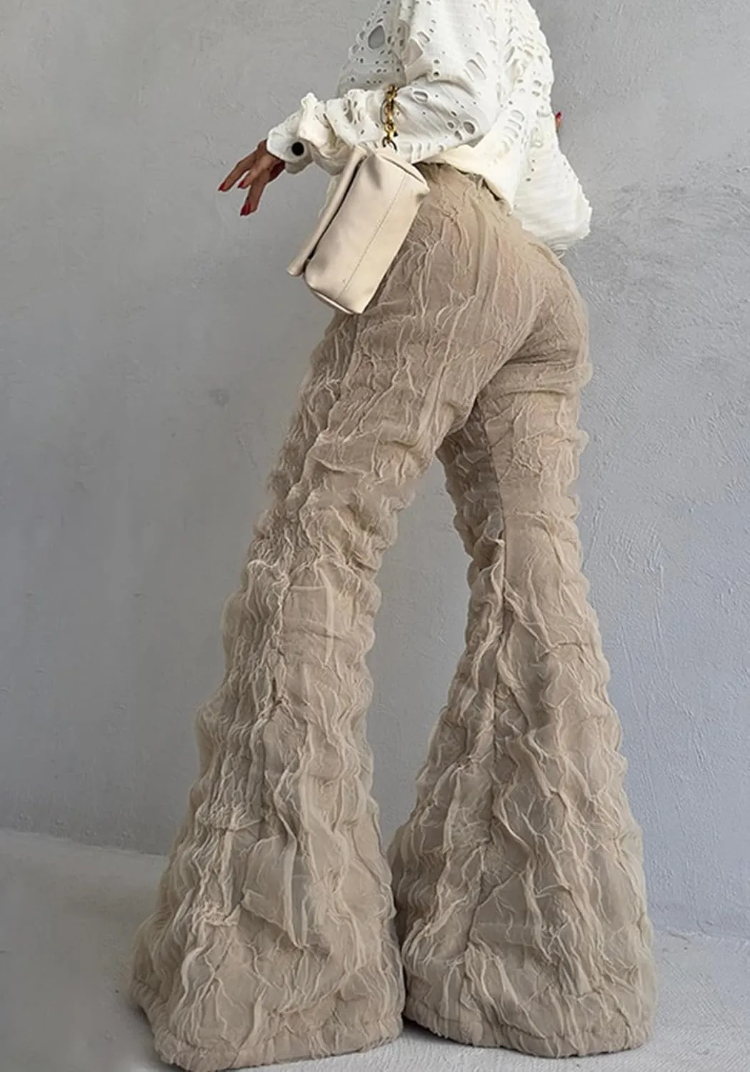 Unybwonn Women Sexy Lace Bell Bottom Pant Ruffle Wave Wide Leg High Waist Palazzo Mesh Pants Party y2k Pleated Trousers