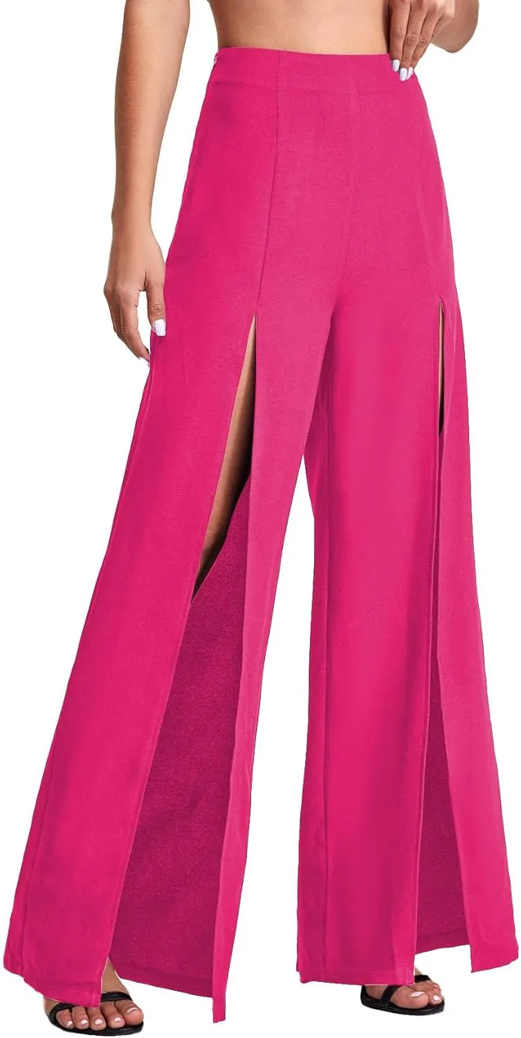 utcoco Women's Wide Leg Pants Trendy Thigh Split Palazzo Loose High Waist Trousers