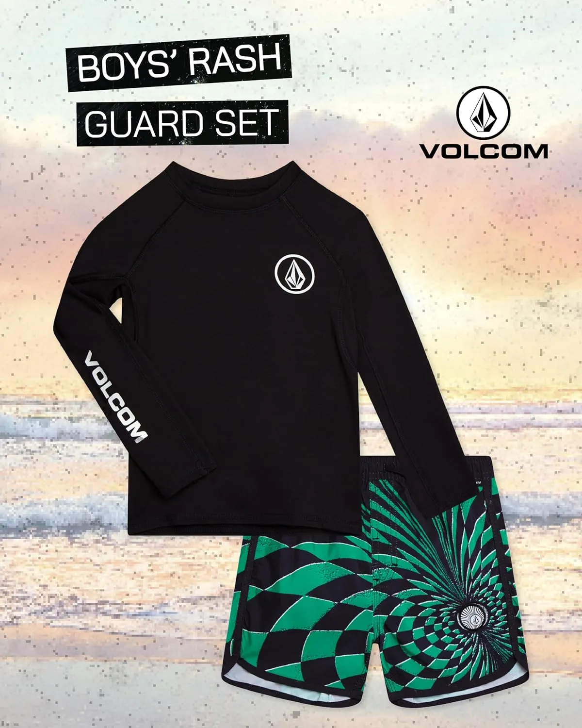 Volcom Baby Boys Swim Set - 2 Piece Long Sleeve Swim Shirt Graphic Tees & Board Shorts, Infant Toddler Little Boys Swimsuit