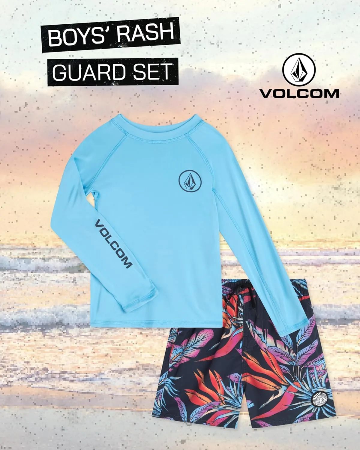 Volcom Baby Boys Swim Set - 2 Piece Long Sleeve Swim Shirt Graphic Tees & Board Shorts, Infant Toddler Little Boys Swimsuit
