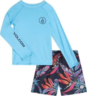 Volcom Baby Boys Swim Set - 2 Piece Long Sleeve Swim Shirt Graphic Tees & Board Shorts, Infant Toddler Little Boys Swimsuit