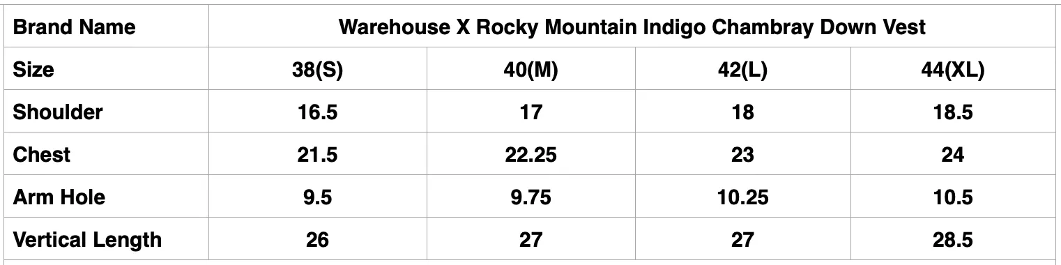 Warehouse X Rocky Mountain Indigo Chambray Down Vest