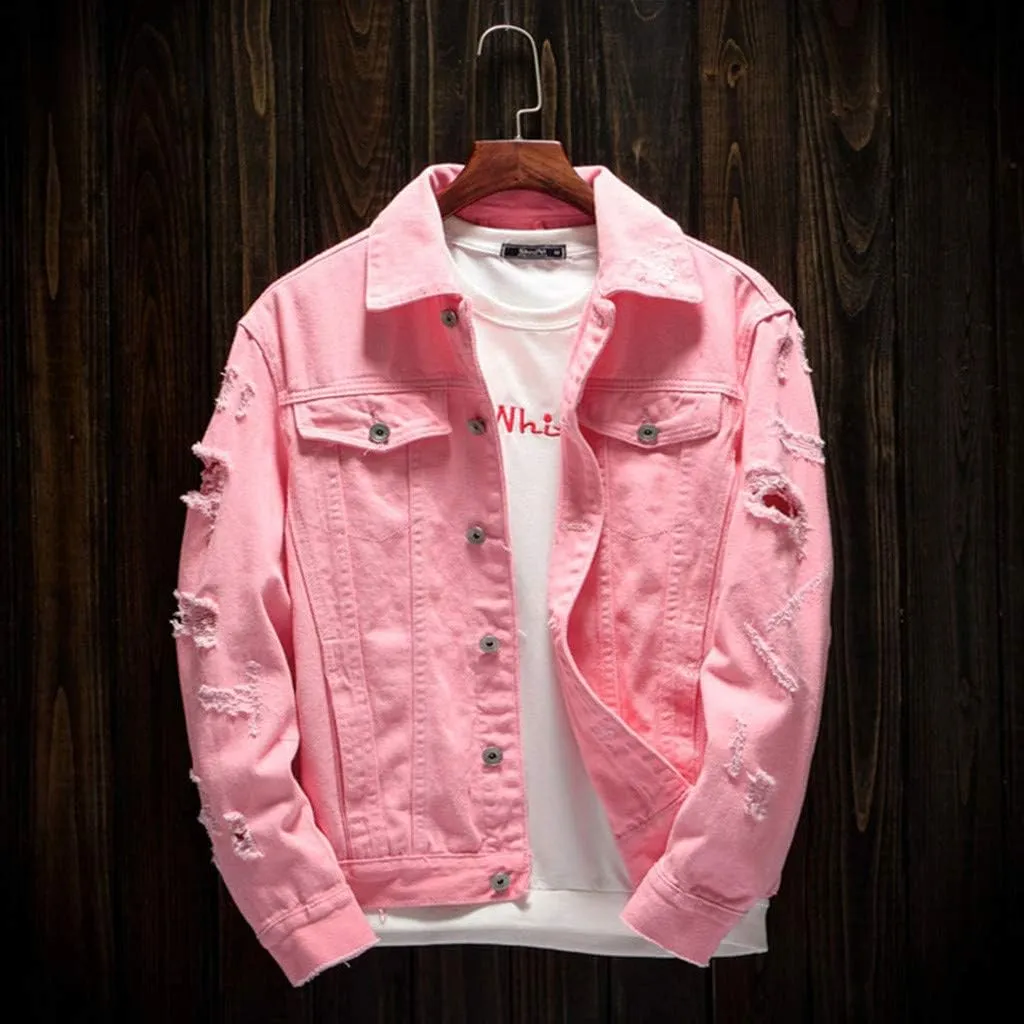WENKOMG1 Ripped Denim Jacket for Men Hipster Style Autumn Long Sleeve Top Urban Outerwear