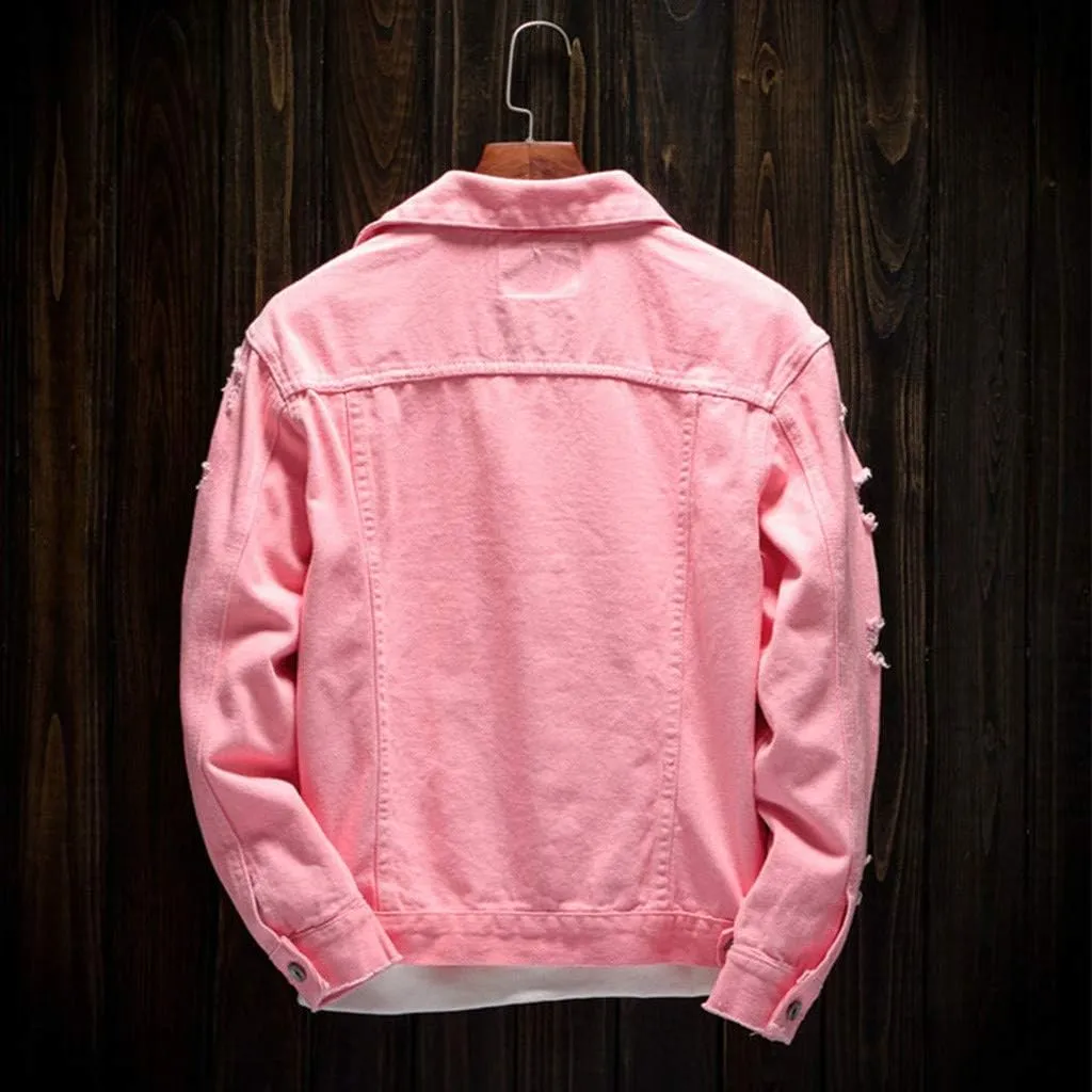 WENKOMG1 Ripped Denim Jacket for Men Hipster Style Autumn Long Sleeve Top Urban Outerwear