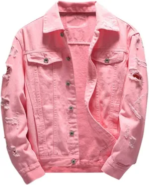 WENKOMG1 Ripped Denim Jacket for Men Hipster Style Autumn Long Sleeve Top Urban Outerwear