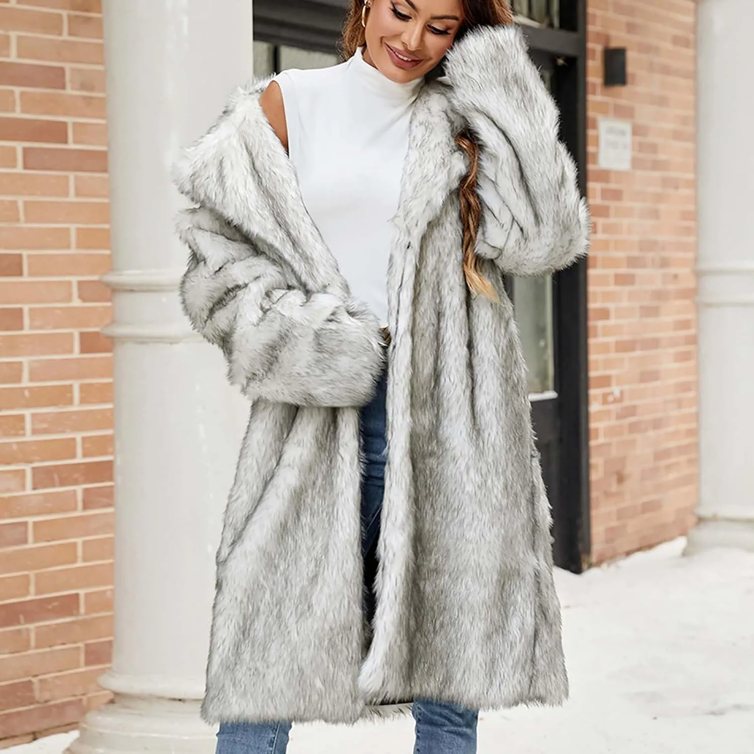 Winter Coats for Women Long Faux Fur Cardigan Leopard Print Fuzzy Jacket Fleece Trench Coat Elegant Cardigan Coat