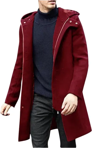 Winter Jackets for Men Long Trench Coat Zip Up Jacket with Hood Wool Blend Peacoat Warm Thick Outerwear 2024