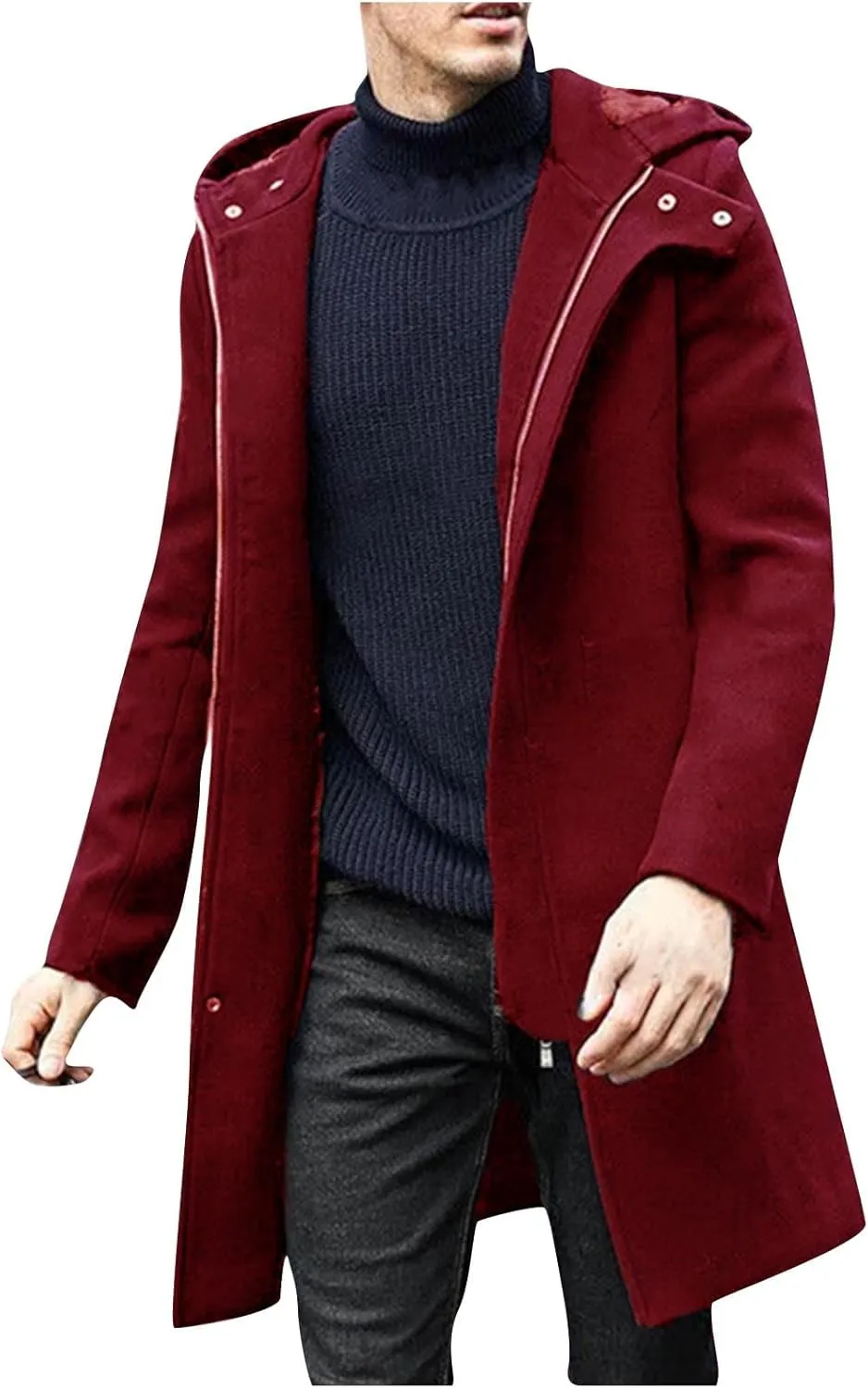 Winter Jackets for Men Long Trench Coat Zip Up Jacket with Hood Wool Blend Peacoat Warm Thick Outerwear 2024
