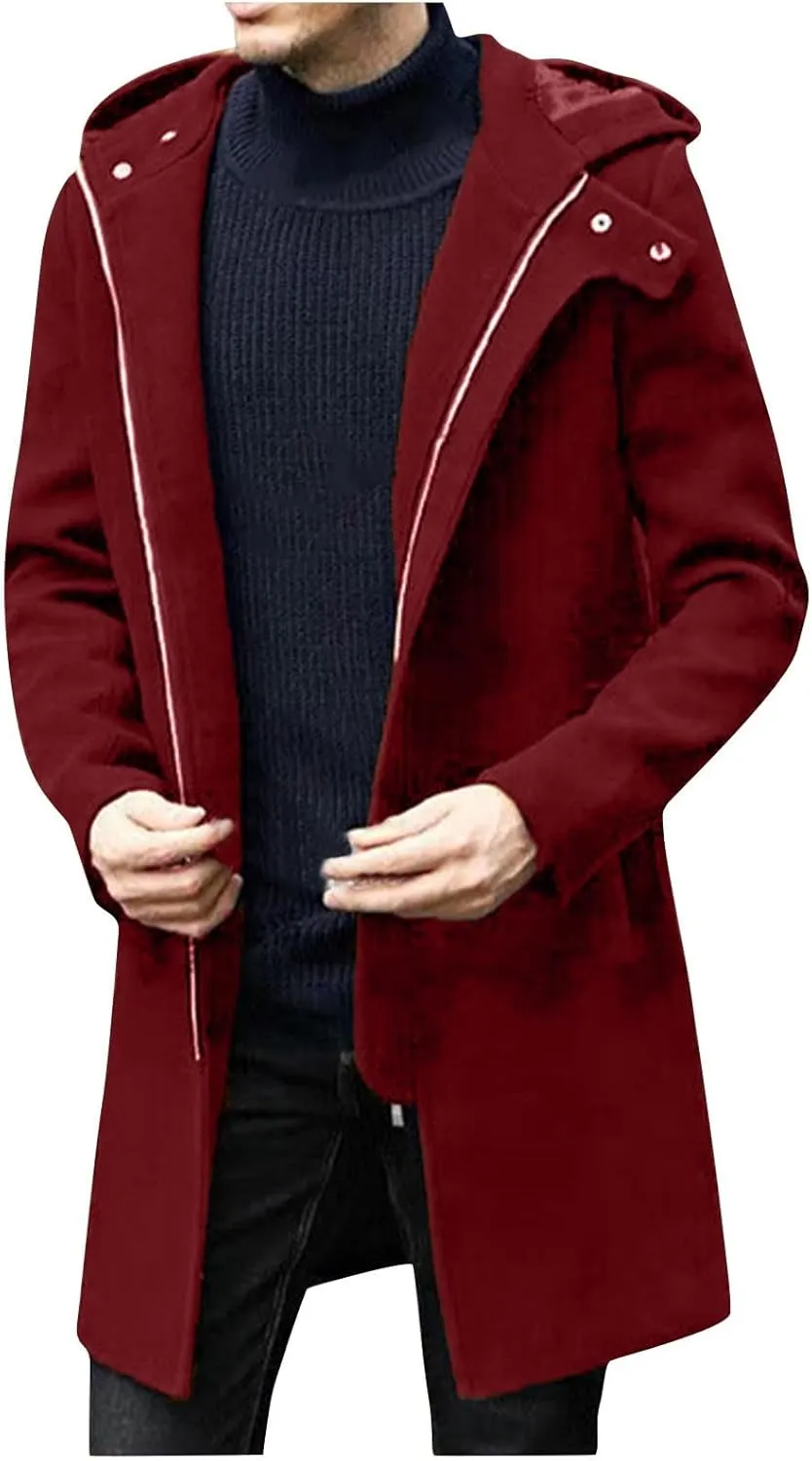 Winter Jackets for Men Long Trench Coat Zip Up Jacket with Hood Wool Blend Peacoat Warm Thick Outerwear 2024