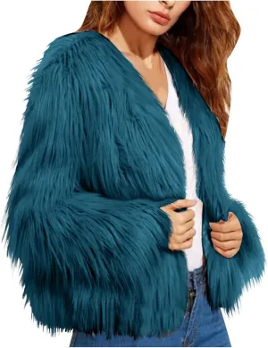 Winter Jackets for Women Open Front Faux Fur Coat Womens Fringe Jacket Fluffy Cardigan Long Sleeve Outwear Shaggy Jacket