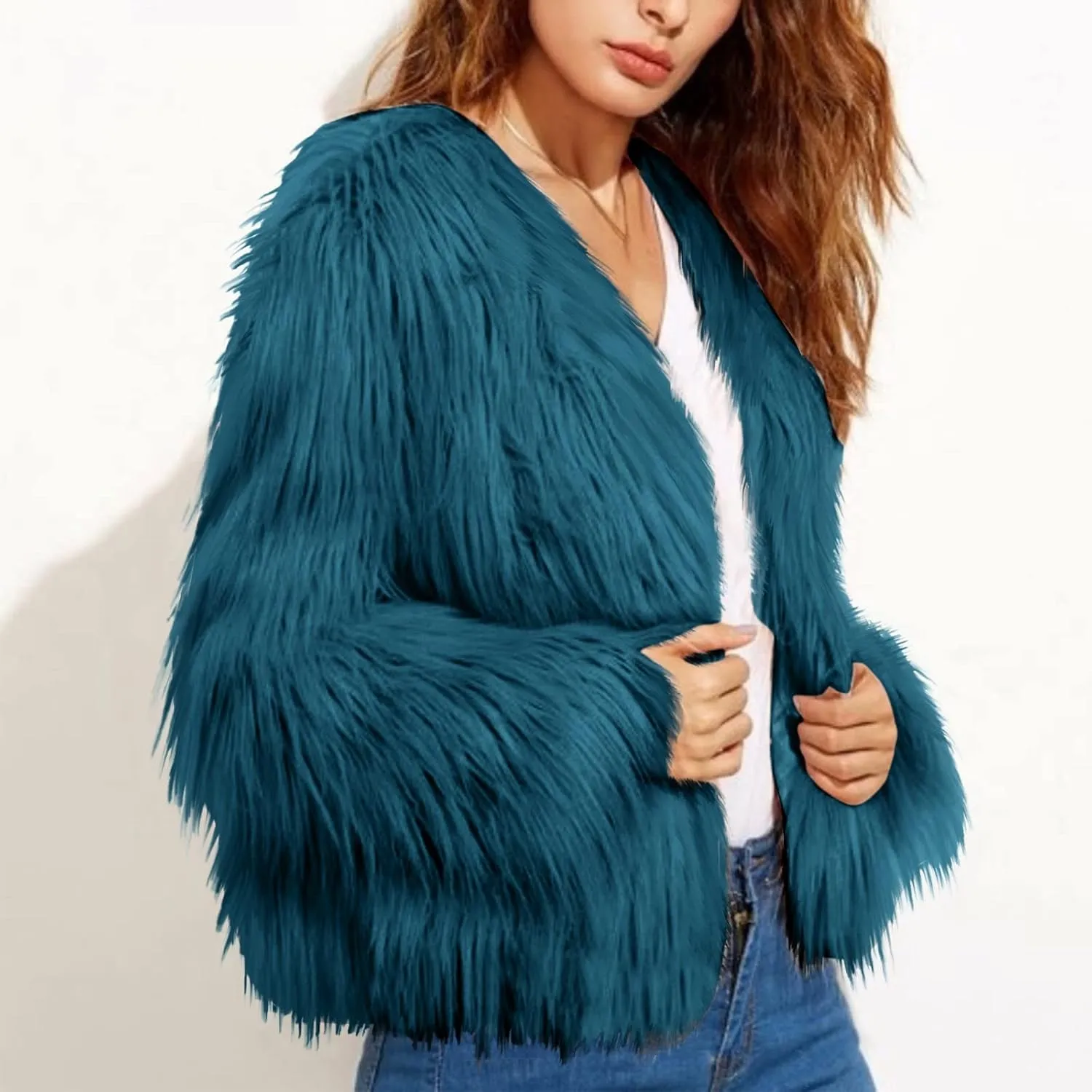 Winter Jackets for Women Open Front Faux Fur Coat Womens Fringe Jacket Fluffy Cardigan Long Sleeve Outwear Shaggy Jacket