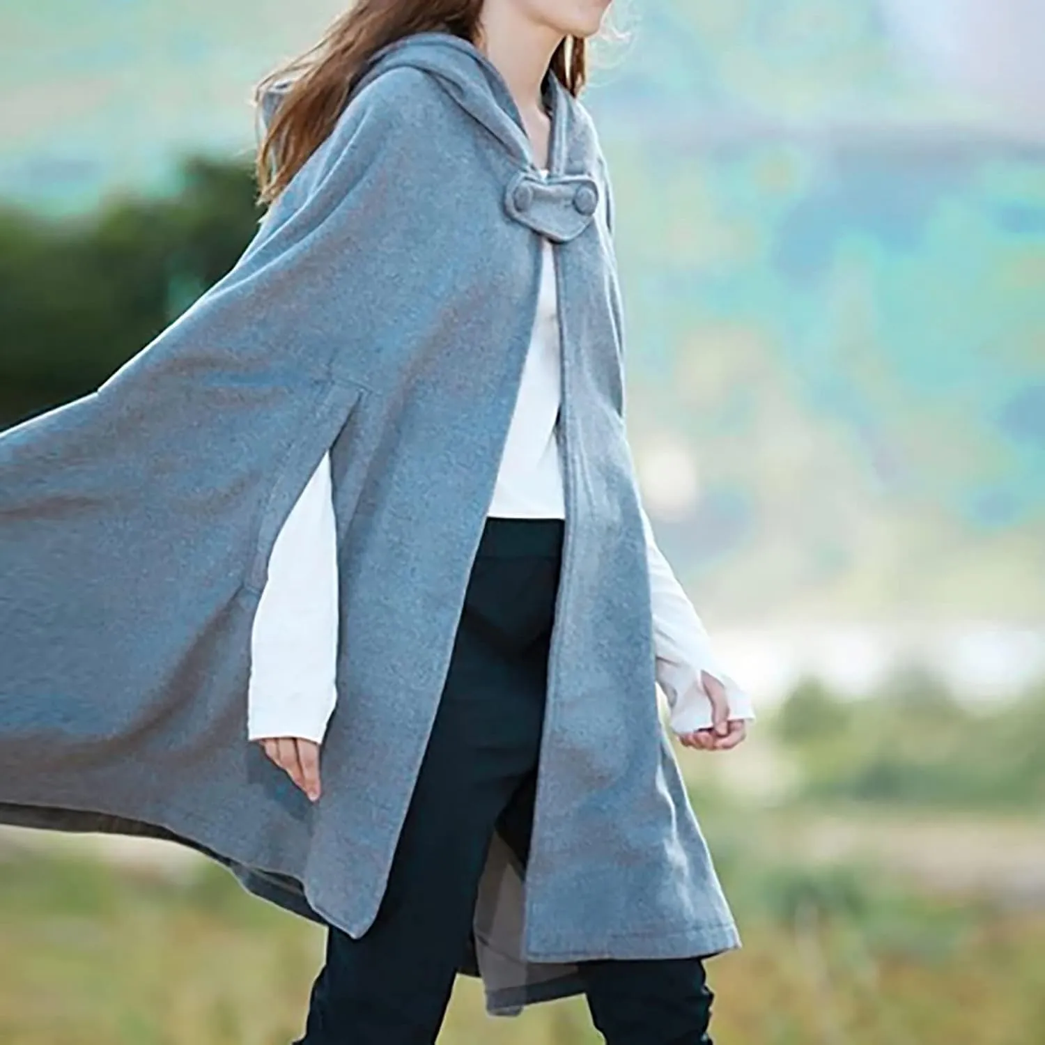 Winter Short Woolen Cape for Women Vintage Hooded Poncho Cape Open Front Cardigan Trench Coat Cloak Outerwear