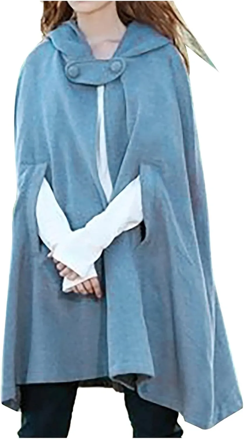 Winter Short Woolen Cape for Women Vintage Hooded Poncho Cape Open Front Cardigan Trench Coat Cloak Outerwear