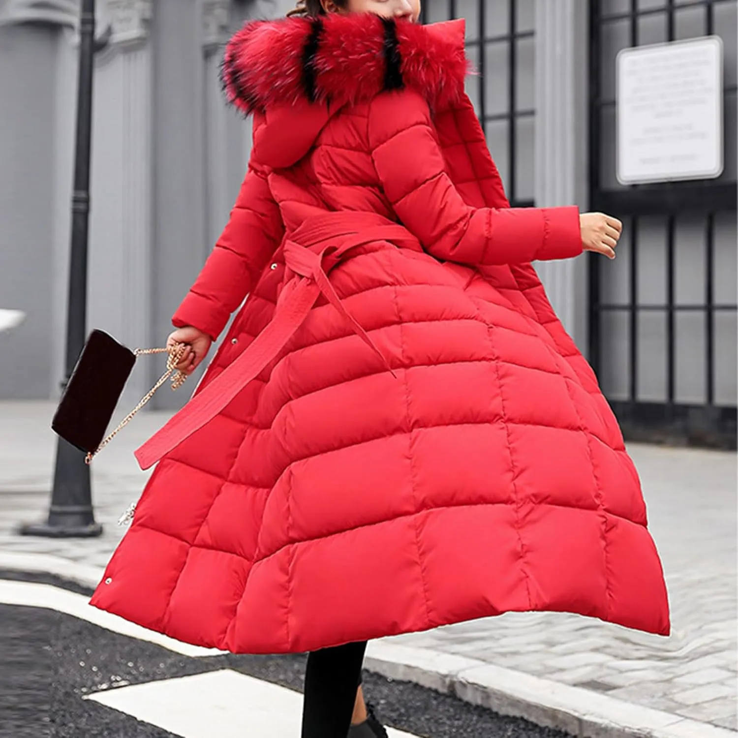 Winter Warm Coats for Women Thick Cotton Down Jacket Solid Color Hooded Padded Outerwear with Detachable Fur Collar