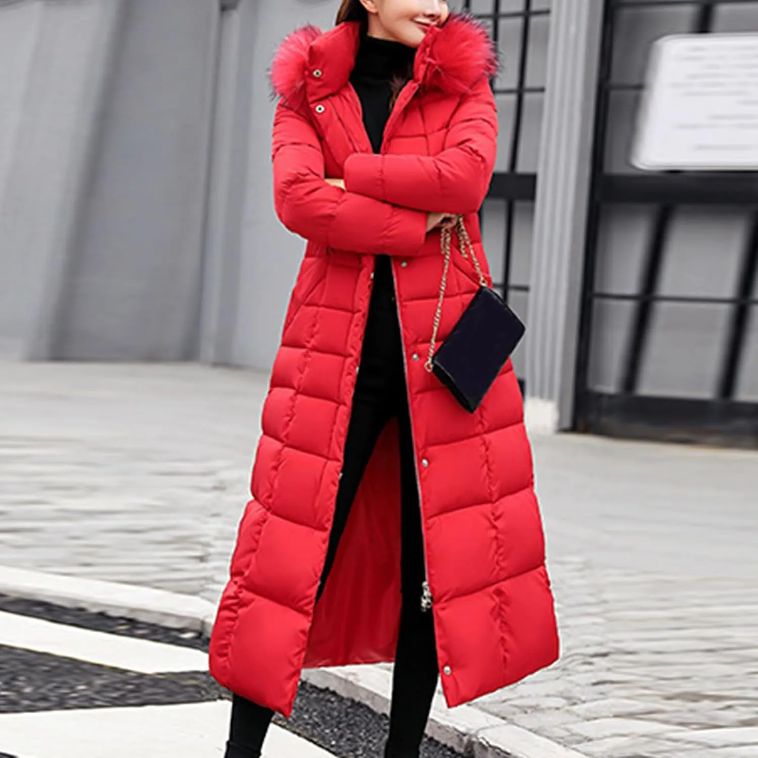 Winter Warm Coats for Women Thick Cotton Down Jacket Solid Color Hooded Padded Outerwear with Detachable Fur Collar