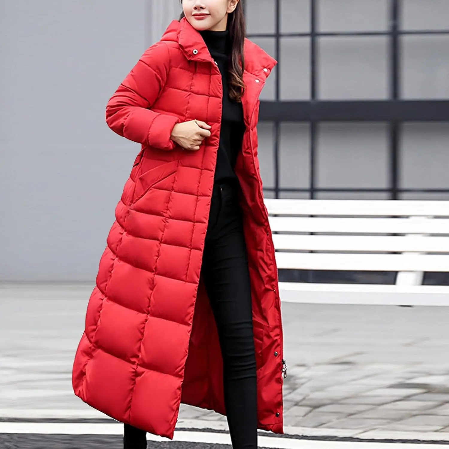 Winter Warm Coats for Women Thick Cotton Down Jacket Solid Color Hooded Padded Outerwear with Detachable Fur Collar