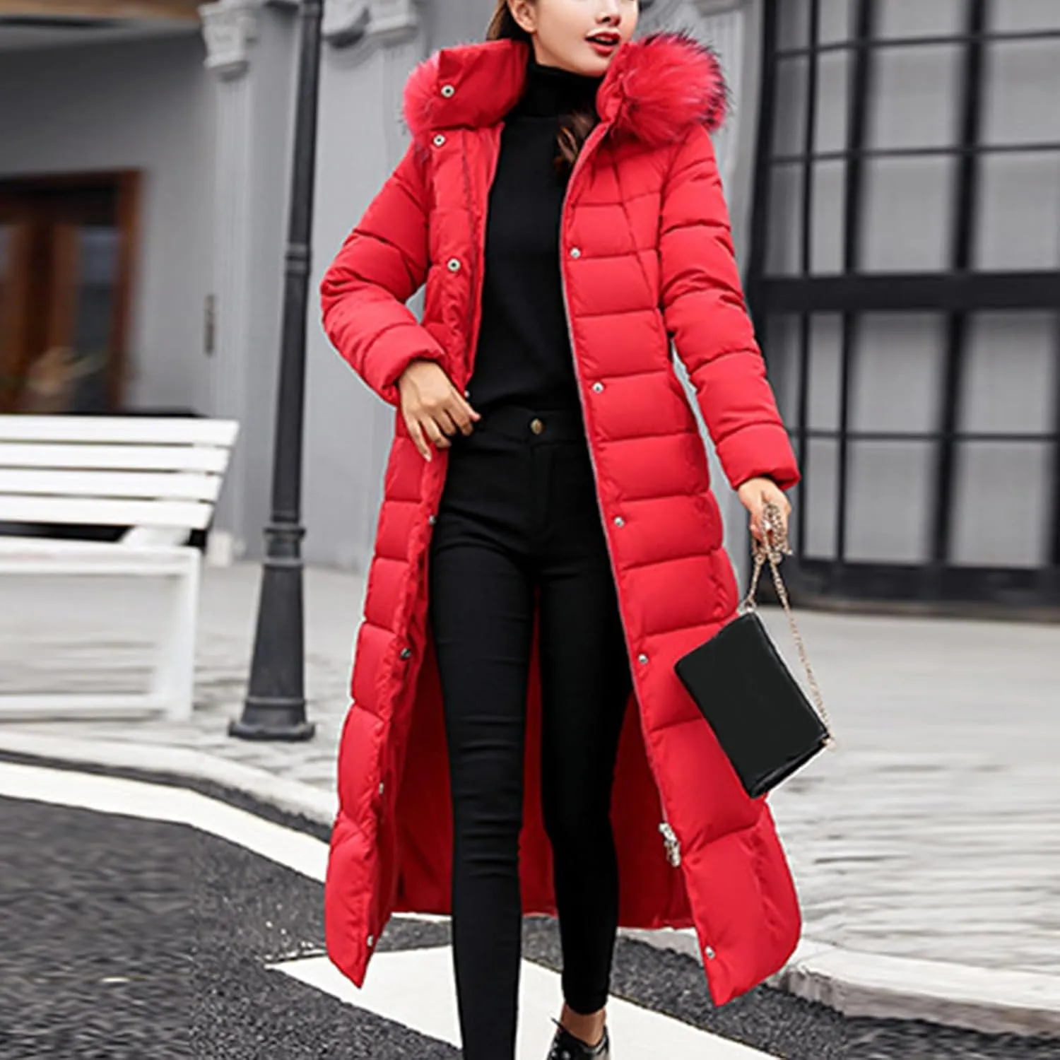 Winter Warm Coats for Women Thick Cotton Down Jacket Solid Color Hooded Padded Outerwear with Detachable Fur Collar
