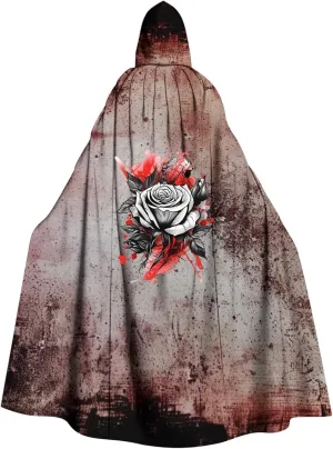 wodceeke Women Men Halloween Cloak with Hood, Unisex Witch Wizard Cape Bloody Rose Print Adult Cosplay Costume