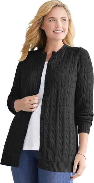 Woman Within Plus Size Cotton Cable Knit Cardigan Sweater