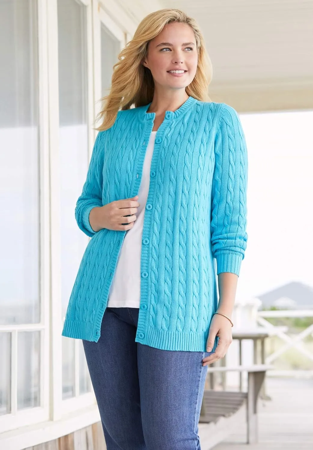 Woman Within Plus Size Cotton Cable Knit Cardigan Sweater