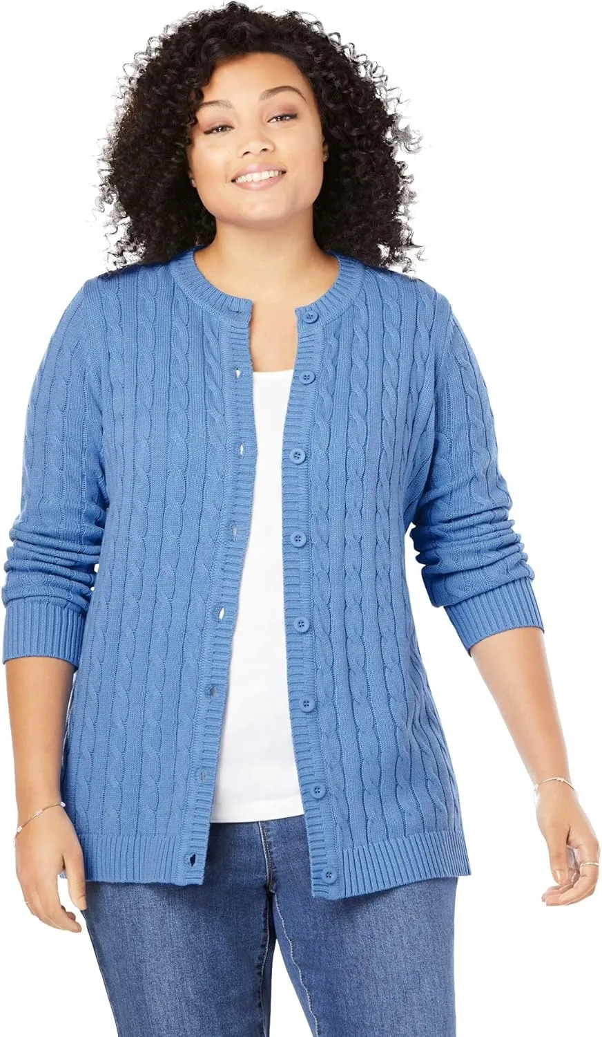 Woman Within Plus Size Cotton Cable Knit Cardigan Sweater