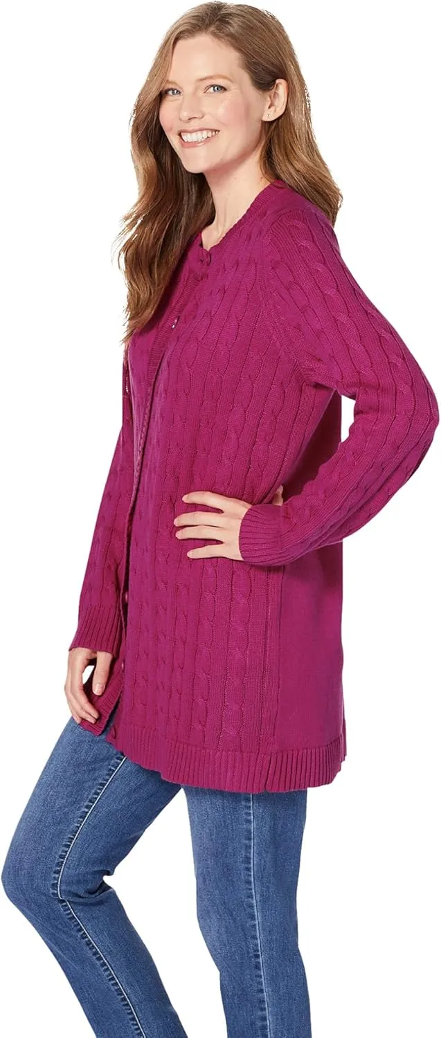 Woman Within Plus Size Cotton Cable Knit Cardigan Sweater