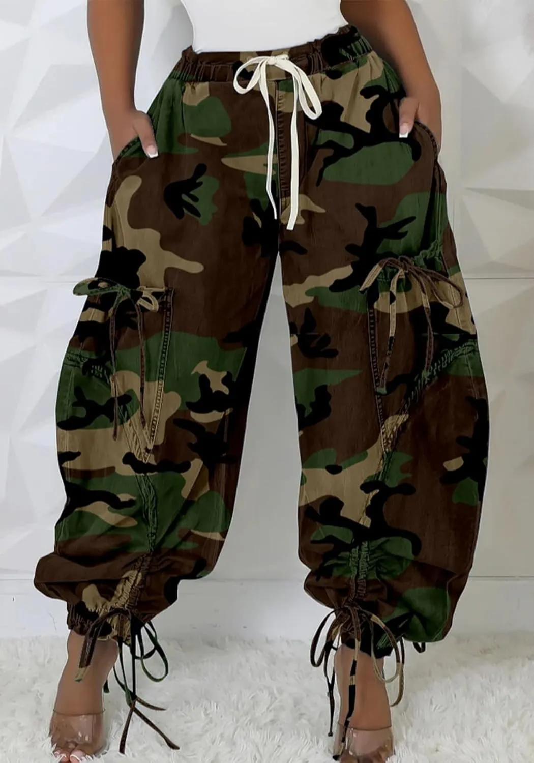 Women Barrel Camo Pants Drawstring Wide Leg Baggy High Waisted Pants Trendy Y2k with Pocket