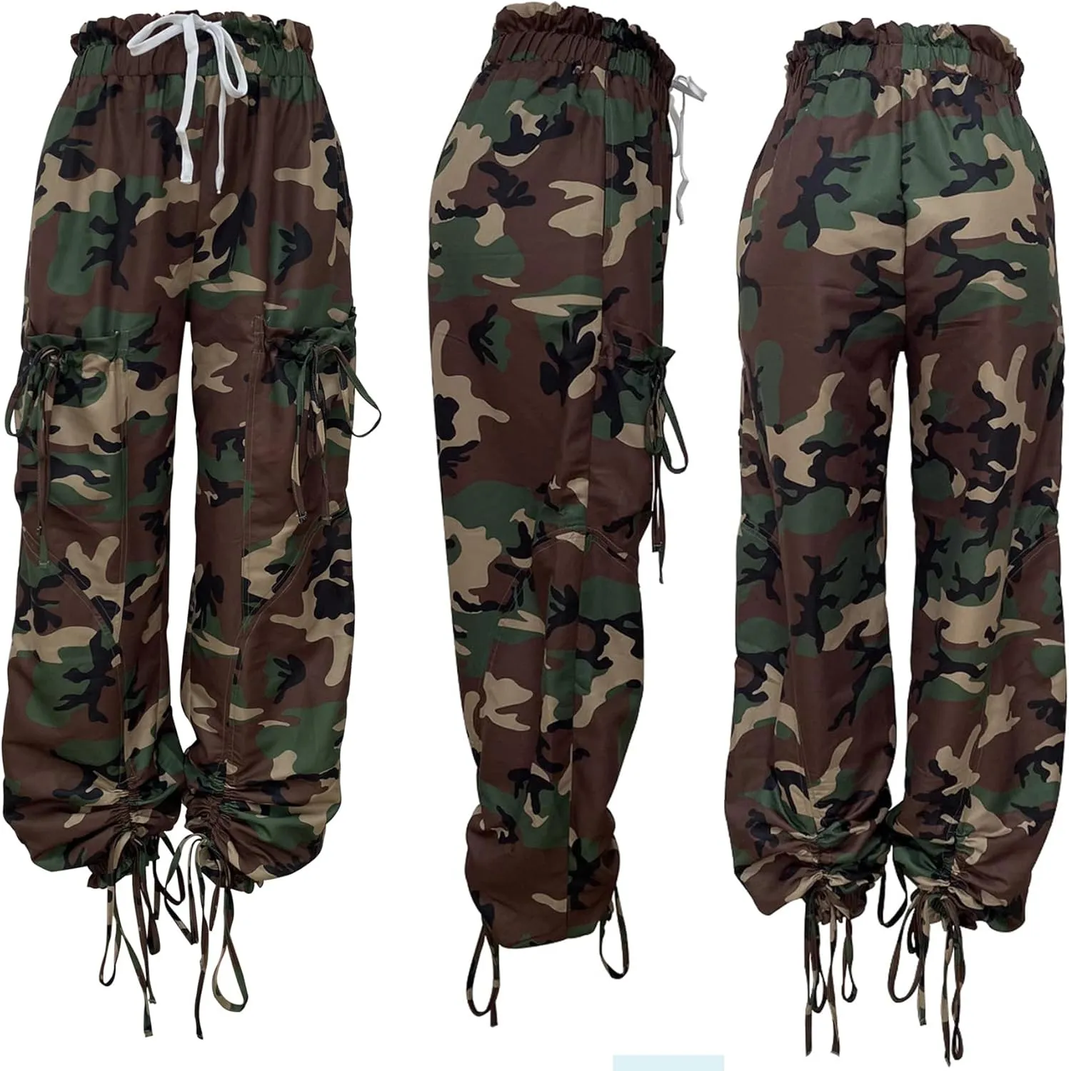 Women Barrel Camo Pants Drawstring Wide Leg Baggy High Waisted Pants Trendy Y2k with Pocket