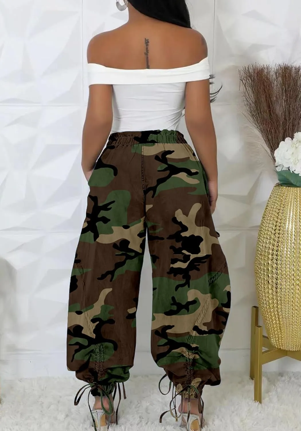 Women Barrel Camo Pants Drawstring Wide Leg Baggy High Waisted Pants Trendy Y2k with Pocket