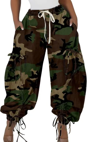 Women Barrel Camo Pants Drawstring Wide Leg Baggy High Waisted Pants Trendy Y2k with Pocket