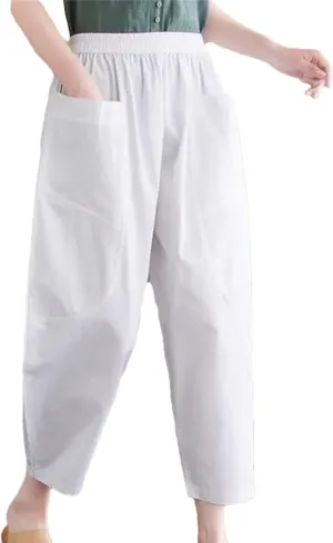Women Cotton Ankle-Length Casual Pants Vintage Style Solid Color Pants Loose Harem Pants
