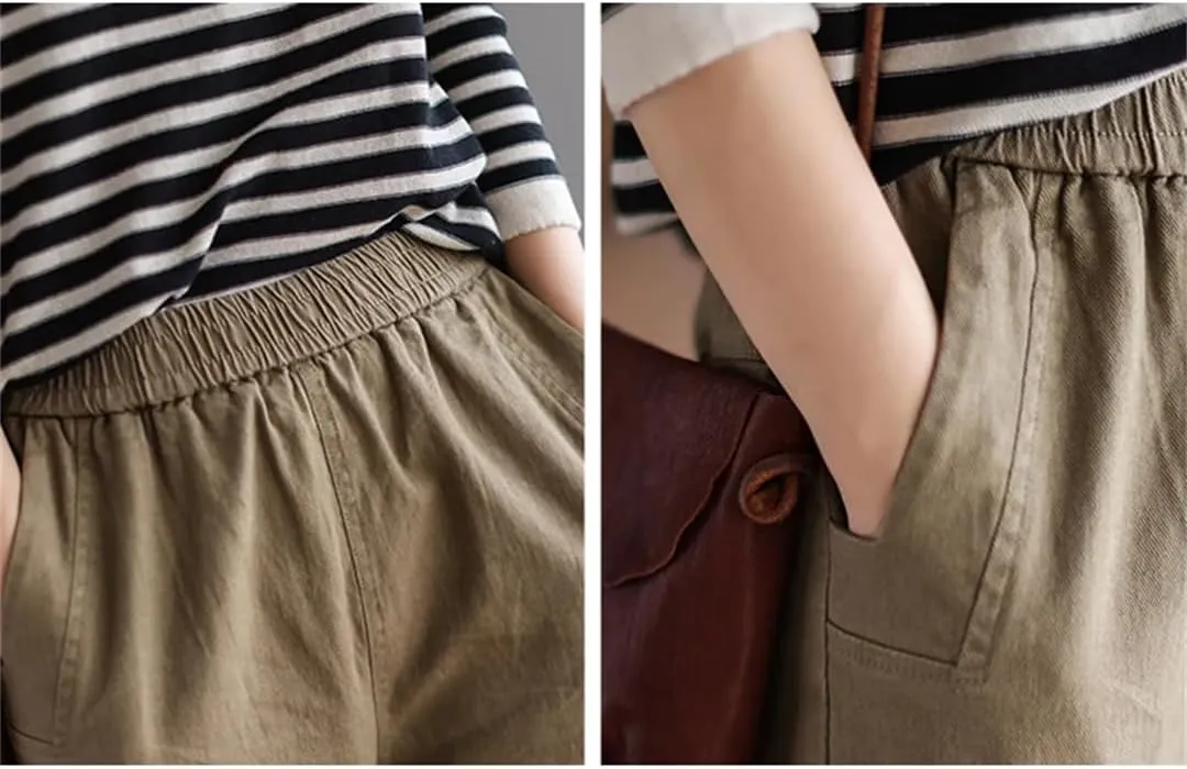 Women Cotton Casual Pants Simple Vintage Solid High Waist Pants Elastic Waist Harem Pants