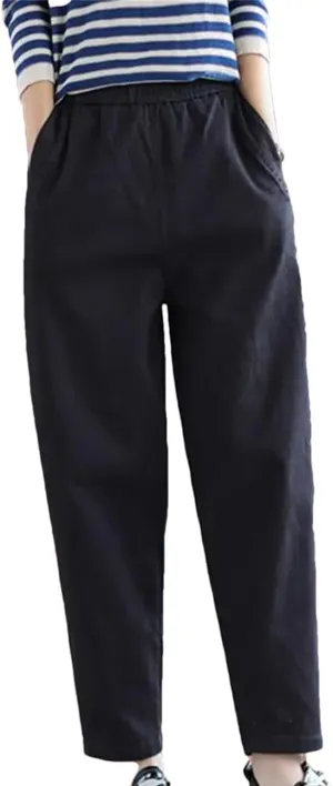 Women Cotton Casual Pants Simple Vintage Solid High Waist Pants Elastic Waist Harem Pants