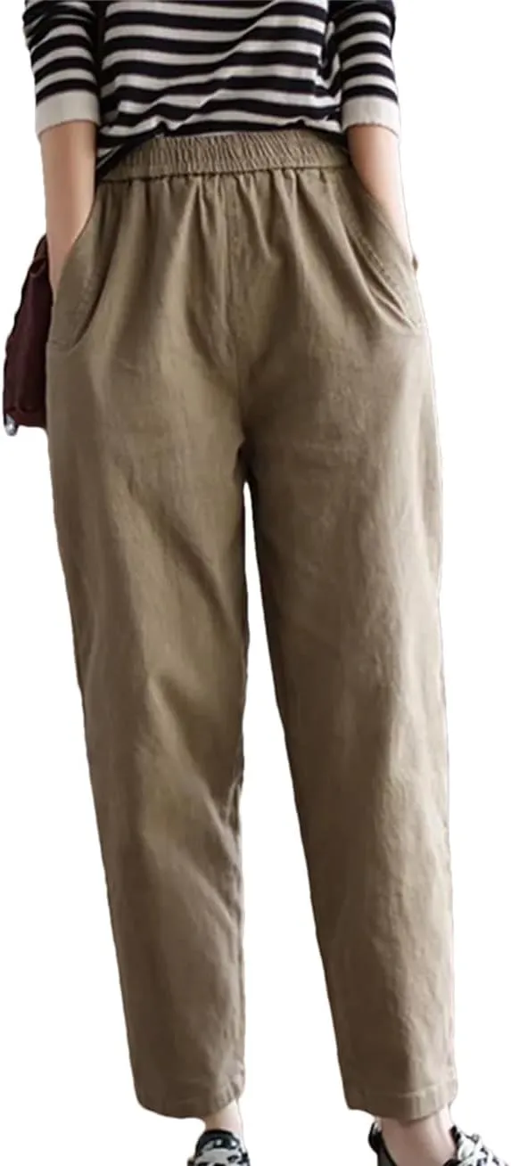 Women Cotton Casual Pants Simple Vintage Solid High Waist Pants Elastic Waist Harem Pants