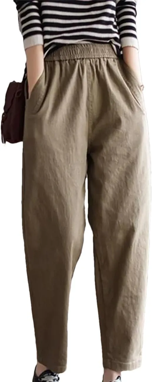 Women Cotton Casual Pants Simple Vintage Solid High Waist Pants Elastic Waist Harem Pants