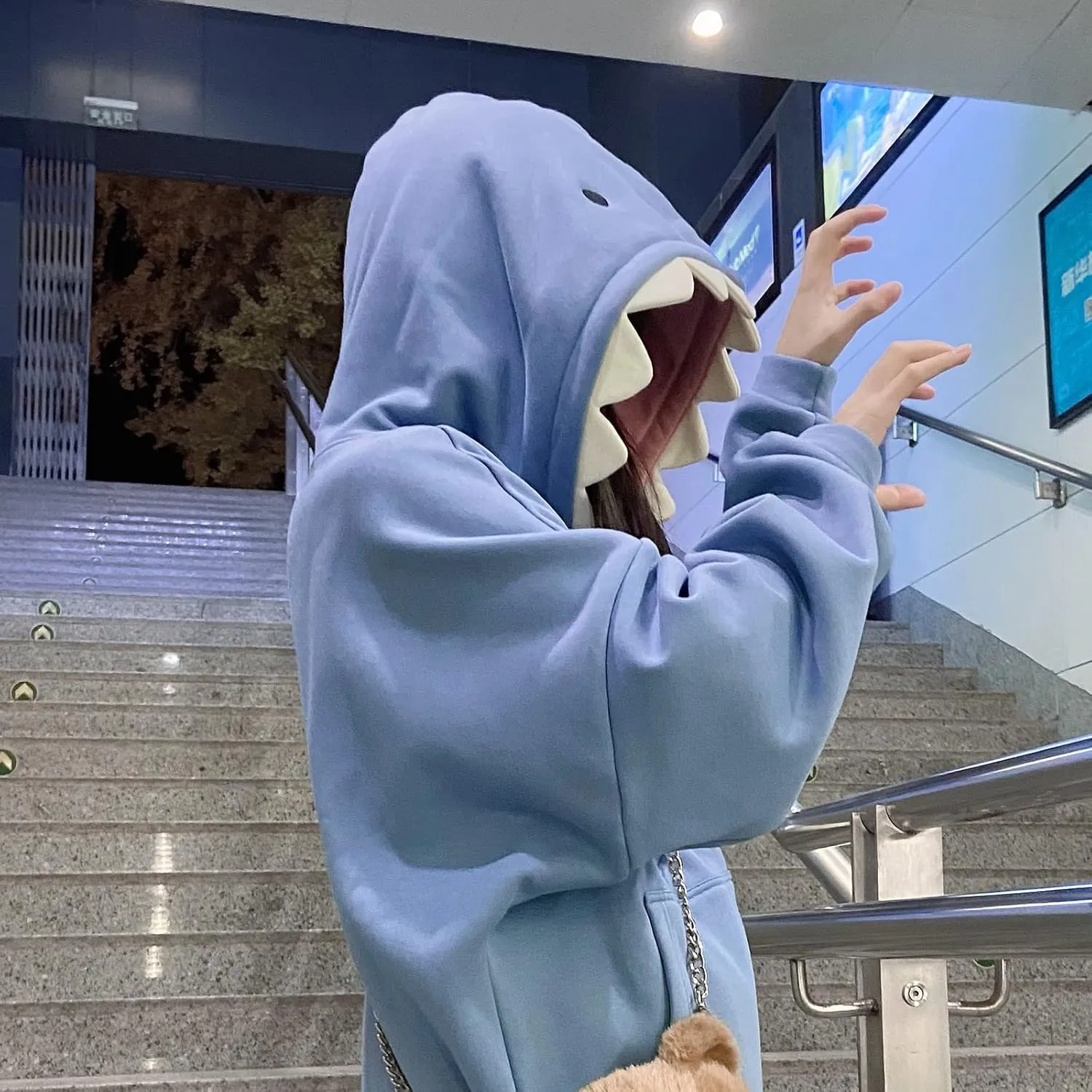 Women Cute Shark Hoodies Zip up Hoodie Over Face Oversized Kawaii Frog Anime Hooded Pullover Sweatshirts Funny Clothes