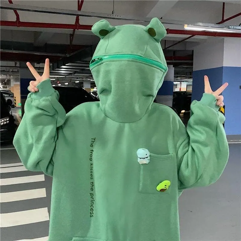 Women Cute Shark Hoodies Zip up Hoodie Over Face Oversized Kawaii Frog Anime Hooded Pullover Sweatshirts Funny Clothes