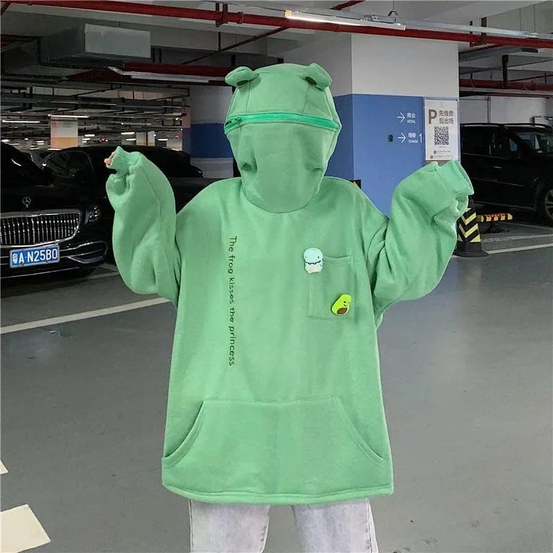 Women Cute Shark Hoodies Zip up Hoodie Over Face Oversized Kawaii Frog Anime Hooded Pullover Sweatshirts Funny Clothes