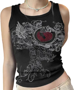 Women E Girl Gothic Camisole Y2k Grunge Crop Top Retro Halloween Skull Print Spaghetti Strap Sleeveless Vest Tank Top