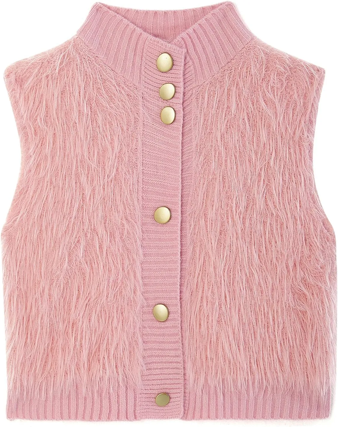 Women Faux Fur Vest Button Down Sleeveless Knit Tops Stand Collar Open Front Sweater Vest