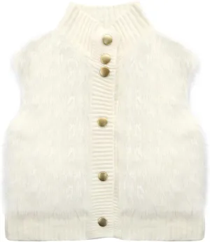 Women Faux Fur Vest Button Down Sleeveless Knit Tops Stand Collar Open Front Sweater Vest