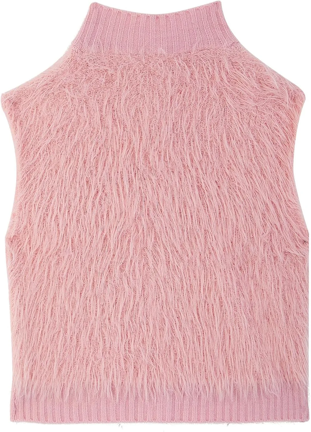 Women Faux Fur Vest Button Down Sleeveless Knit Tops Stand Collar Open Front Sweater Vest