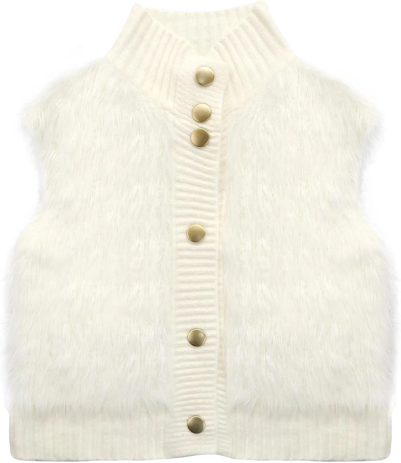 Women Faux Fur Vest Button Down Sleeveless Knit Tops Stand Collar Open Front Sweater Vest
