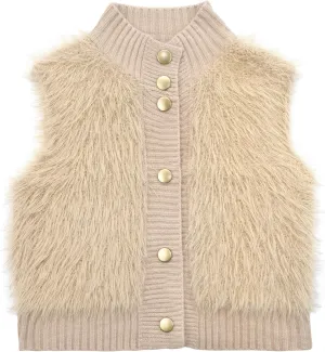 Women Faux Fur Vest Button Down Sleeveless Knit Tops Stand Collar Open Front Sweater Vest
