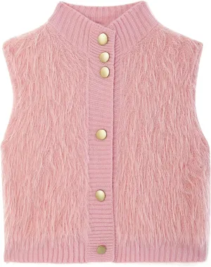 Women Faux Fur Vest Button Down Sleeveless Knit Tops Stand Collar Open Front Sweater Vest